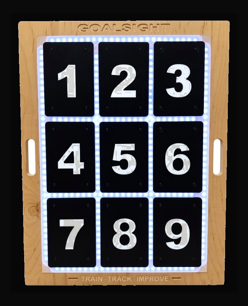 GoalSight 9-zone pitching board with blue LED zone outlines